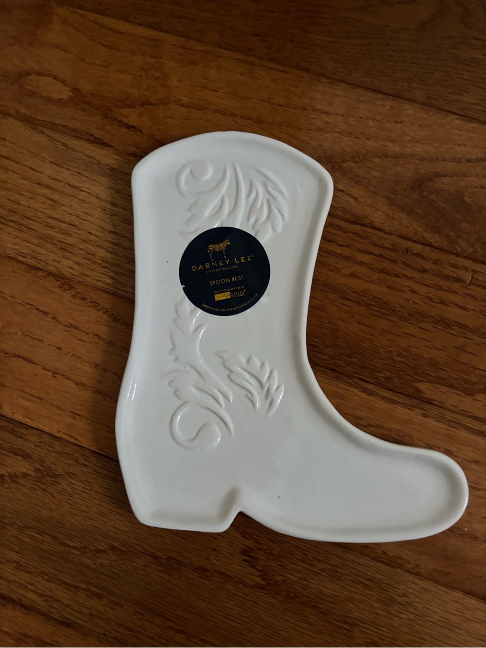Dabney Lee Glossy White Ceramic Boot Spoon Rest with Embossed Leaf Motif